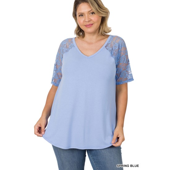 Lace Sleeved v-neck T-shirt Plus Size